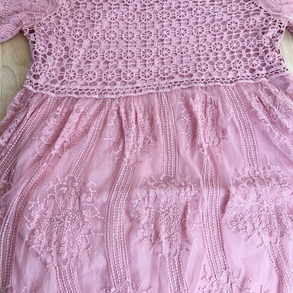 Tea n Rose‎ Crochet Lace Overlay Pink Maxi Dress L Butterfly Sleeves - Picture 5 of 11